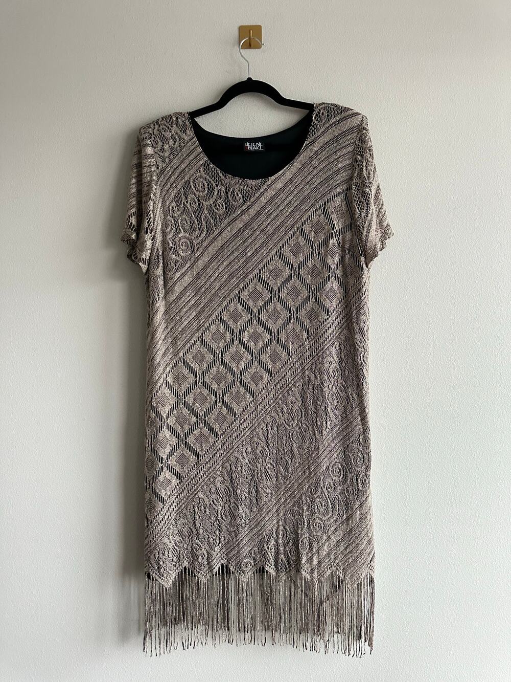Vintage 80s Fringe Knit Dress Art Deco Geometric Shoulder Pads Size XL